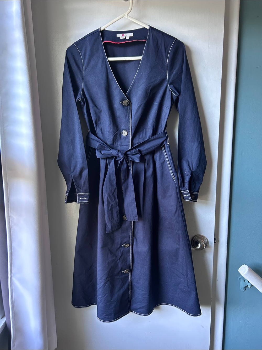 Boden Navy Long-Sleeve Button Midi Dress with Tie Waist
